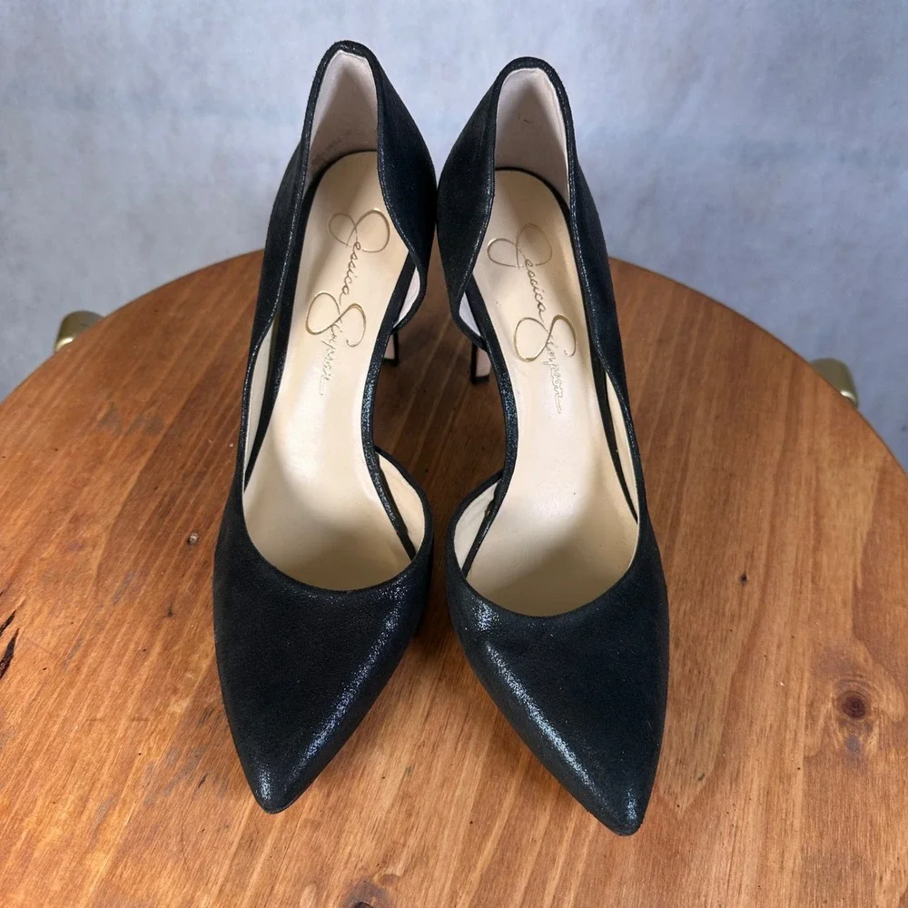 Jessica Simpson Paryn Pumps Women 8.5 Black Good Metallic D'Orsay Stiletto Heel